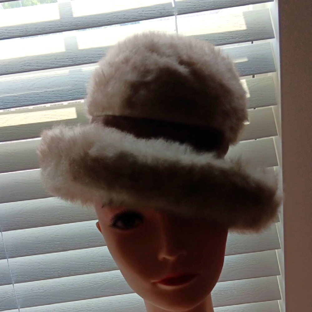 Vintage Adolfo Cream Fur Hat with Brown Band